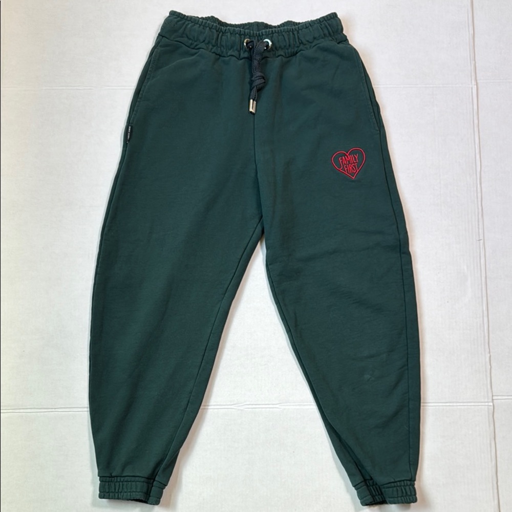 FAMILY FIRST Men's Forest Green Jogger Pants Red Embroidered‎ Logo Cotton Size L